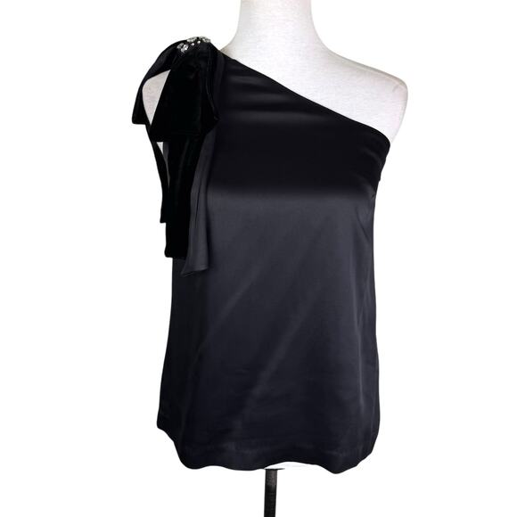 W by Worth Black Velvet Bow Rhinestone One Shoulder Satin Flirty Night Out Top - Picture 2 of 10